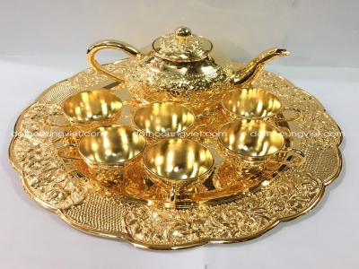 Bộ ấm trà chạm hoa mai mạ vàng 24K đẹp tinh xảo