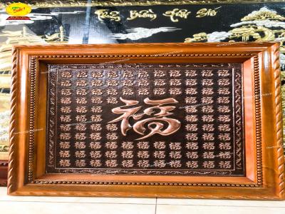 Tranh bách phúc bằng đồng đỏ hun giả cổ phủ bì khung 76x76cm