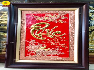 Tranh chữ Phúc thư pháp đồng đỏ dát vàng khung 68x98cm
