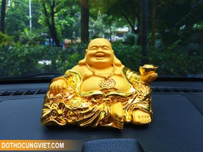 Tượng Phật Di lặc bằng đồng mạ vàng 24K ngồi cầm trái đào tiên